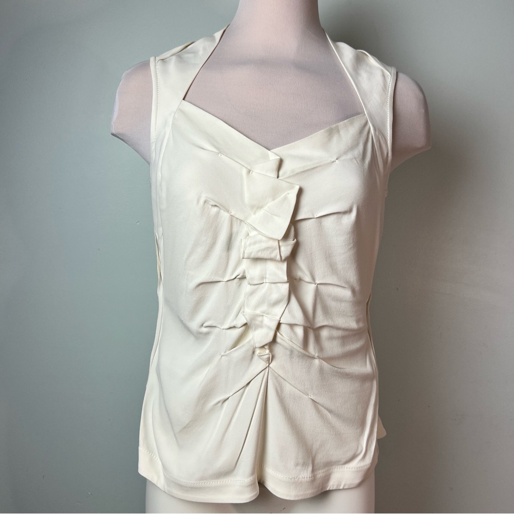 Etcetera Off White/Ivory Sleeveless Blouse with Front Ruffle Detail – Size 8